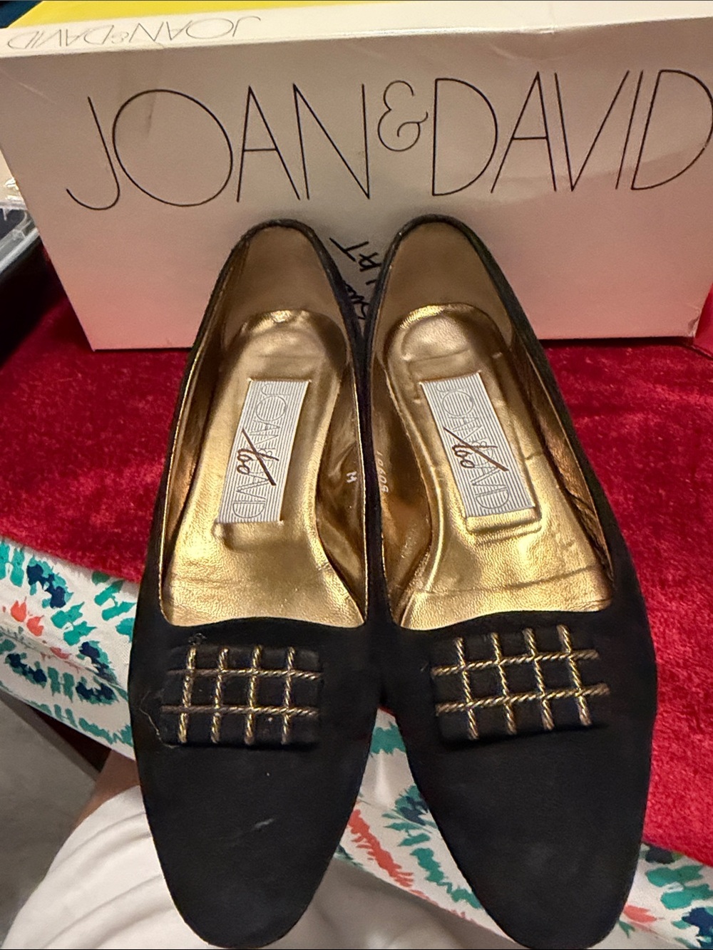 Vintage Joan & David Black Suede Flat Loafers with Gold Accent size 7